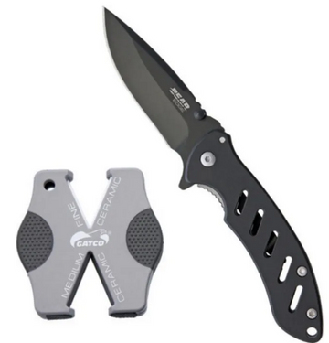 Bear Edge 703 Combo Set folding Knife with Sharpener Black