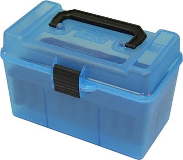 MTM Deluxe Rifle Ammo Boxes with Handle - 50 Round fits 25-06 30-06 270 Win - Clear Blue