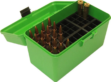 MTM Deluxe Rifle Ammo Boxes with Handle - 50 Round fits 22-250 243 Win 308 Win