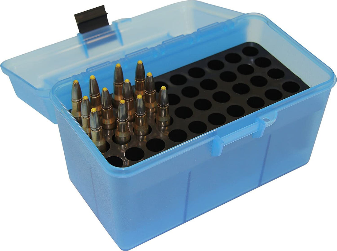 MTM Deluxe Rifle Ammo Boxes with Handle - 50 Round fits 25-06 30-06 270 Win - Clear Blue